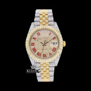 Roles Two Tone Moissanite Watch with Red Roman Numerals Dial