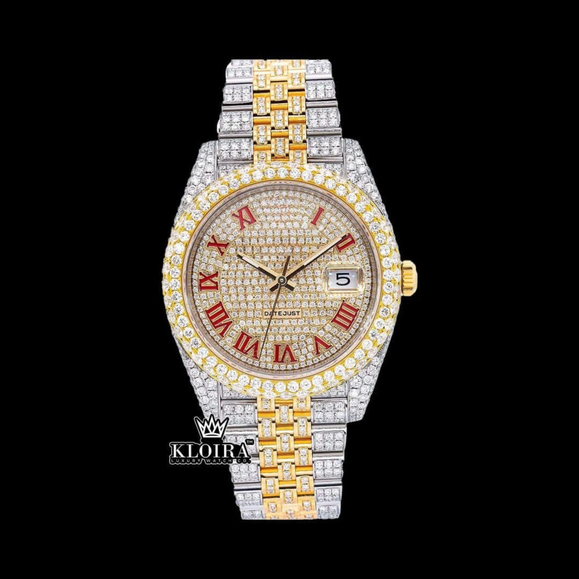 Roles Two Tone Moissanite Watch with Red Roman Numerals Dial and Yellow Dial