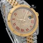 Red Roman Numerals Two Tone Iced Out Moissanite Diamond Watch Close Up Dial View