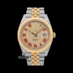 Roles Two Tone Iced Out Moissanite Watch with Red Roman Numerals and Yellow Dial