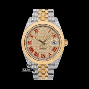 Roles Two Tone Iced Out Moissanite Watch with Red Roman Numerals