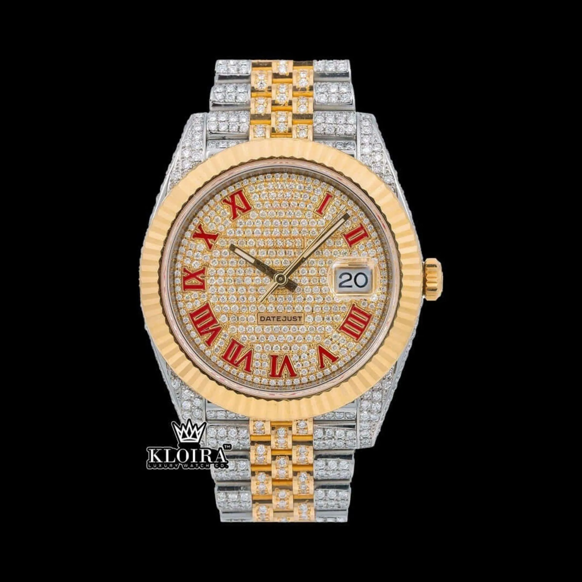Roles Two Tone Iced Out Moissanite Watch with Red Roman Numerals and Yellow Dial