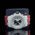 Red Rubber Strap Silver Dial Iced Out Moissanite Diamond Chrono Watch Close Up Front View
