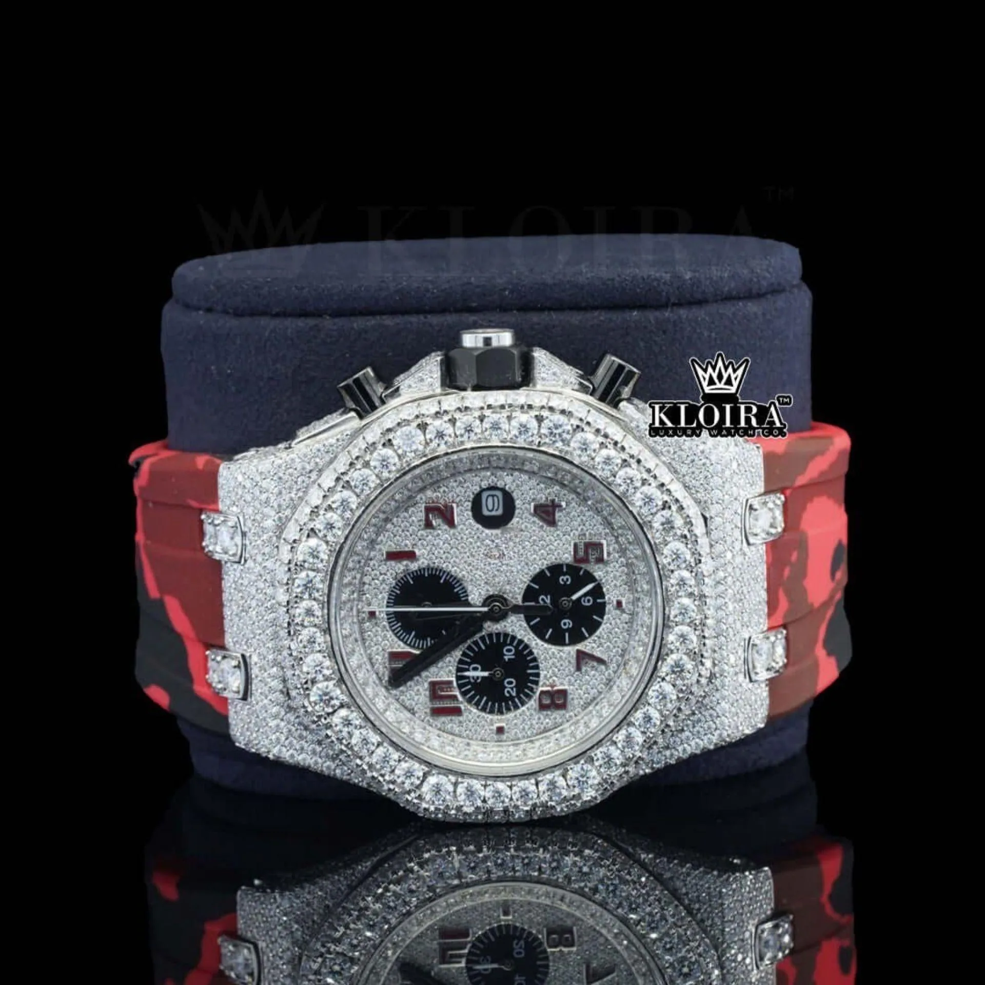 Red Rubber Strap Silver Dial Iced Out Moissanite Diamond Chrono Watch Close Up Front View