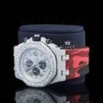 Red Rubber Strap Silver Dial Iced Out Moissanite Diamond Chrono Watch Left Profile View