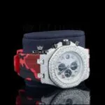 Red Rubber Strap Silver Dial Iced Out Moissanite Diamond Chrono Watch Right Profile View
