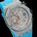 Red Standard Numerals Chronograph Blue Rubber Strap Moissanite Watch Close Up Dial View
