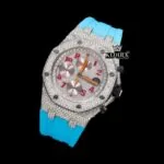 Red Standard Numerals Chronograph Blue Rubber Strap Moissanite Watch Close Up Front View