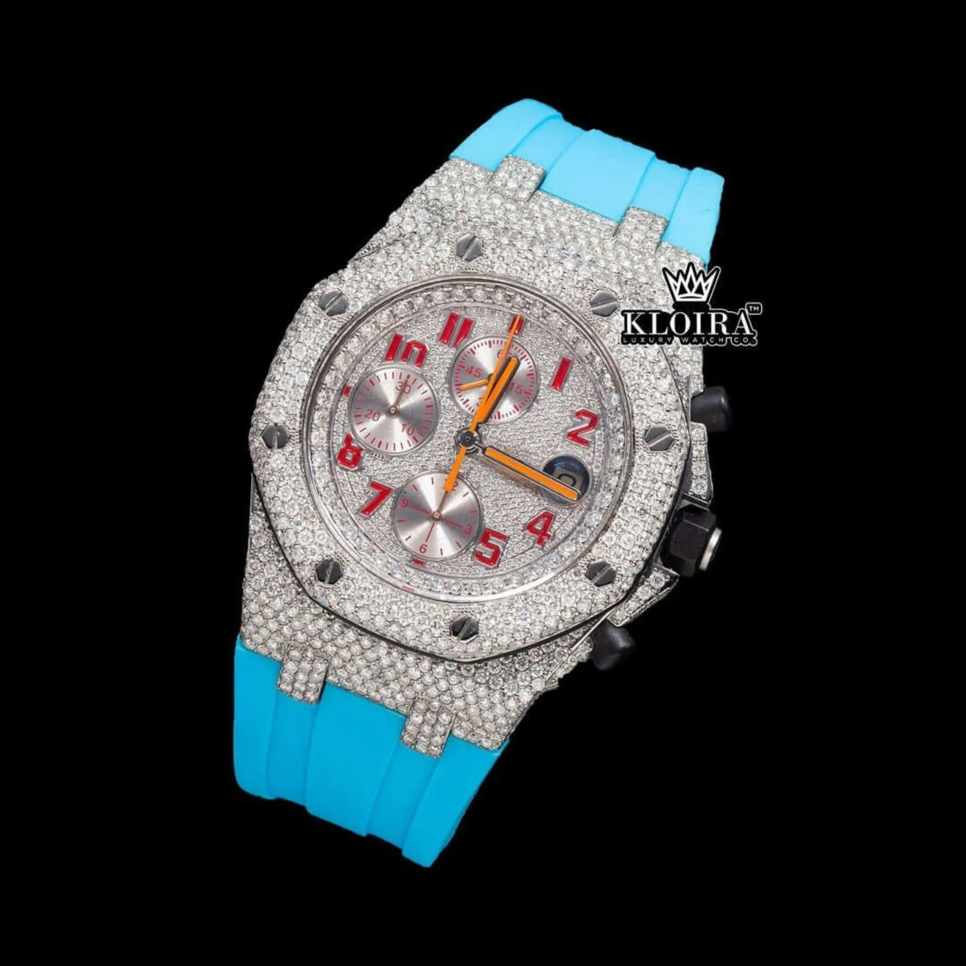 Red Standard Numerals Chronograph Blue Rubber Strap Moissanite Watch Close Up Front View