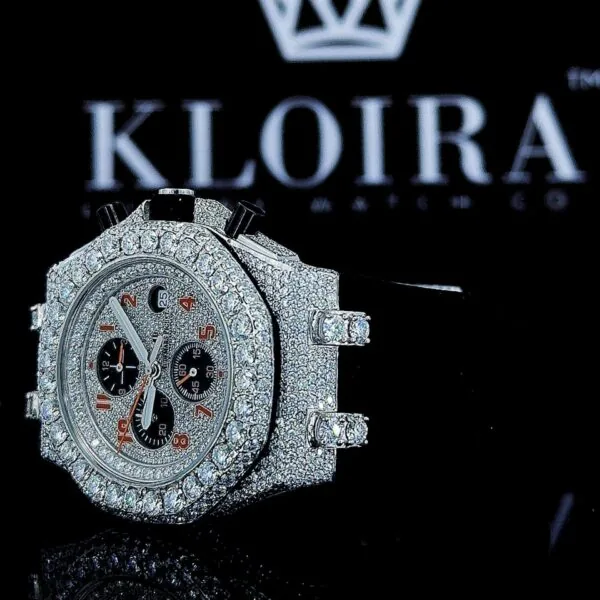 Red Standard Numerals White Chronograph Dial Semi Iced Out Moissanite Watch Left Profile View