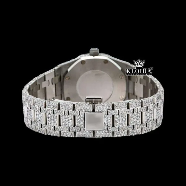 Red Stick Markers White Dial Fully Iced Out Moissanite Diamonds Watch Caseback View