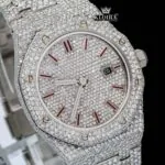 Red Stick Markers White Dial Fully Iced Out Moissanite Diamonds Watch Close Up Dial View.