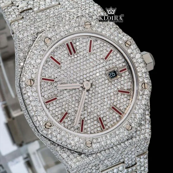 Red Stick Markers White Dial Fully Iced Out Moissanite Diamonds Watch Close Up Dial View.