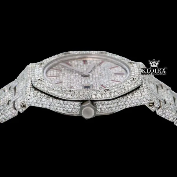 Red Stick Markers White Dial Fully Iced Out Moissanite Diamonds Watch Crown View