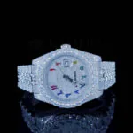 Roles Datejust Silver 41mm Moissanite Arabic Numeral Watch with silver dial and gems