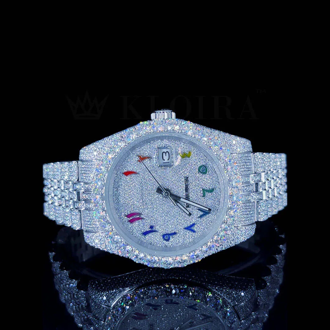 Roles Datejust Silver 41mm Moissanite Arabic Numeral Watch with silver dial and gems