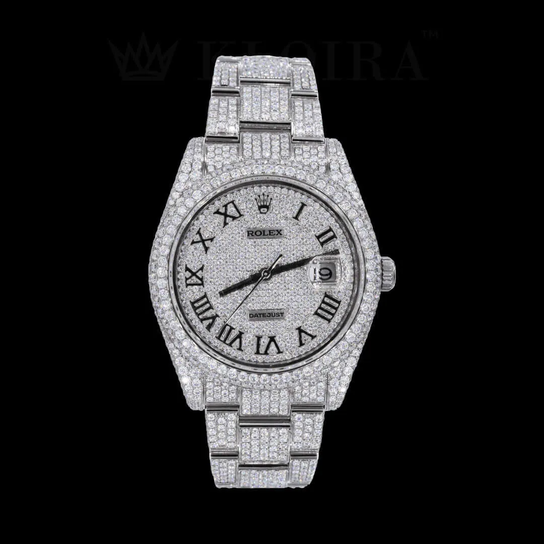 Roles Datejust Moissanite Watch Silver with Diamond Studs and Analog Display
