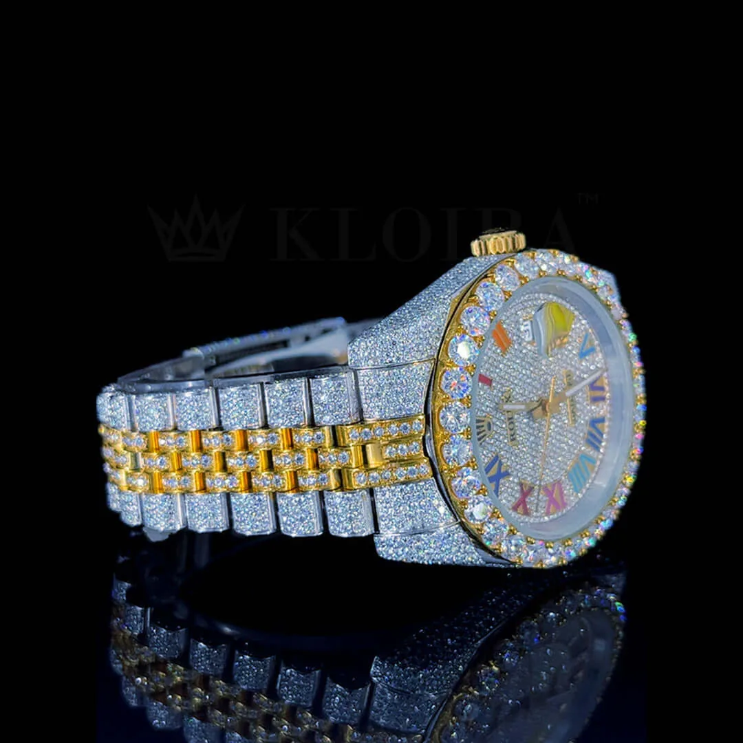 Roles Datejust Yellow Silver 41mm Diamond Studded Swiss Made Roman Multi Color Numerals Watch