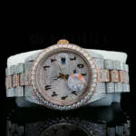 Roles Day-Date 40mm Rose Silver Moissanite Watch with Bright White Dial and Gem Details