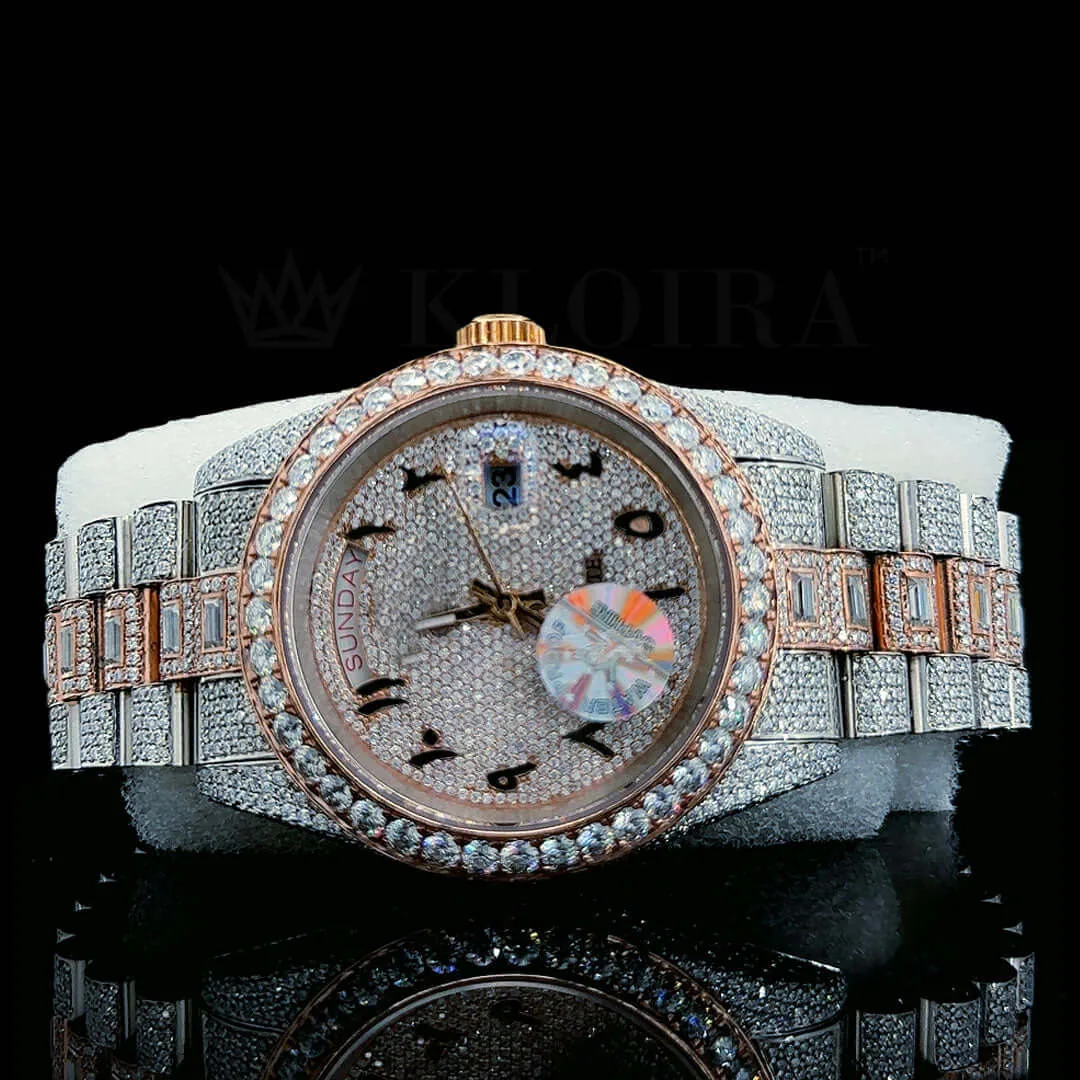 Roles Day-Date 40mm Rose Silver Moissanite Watch with Bright White Dial and Gem Details