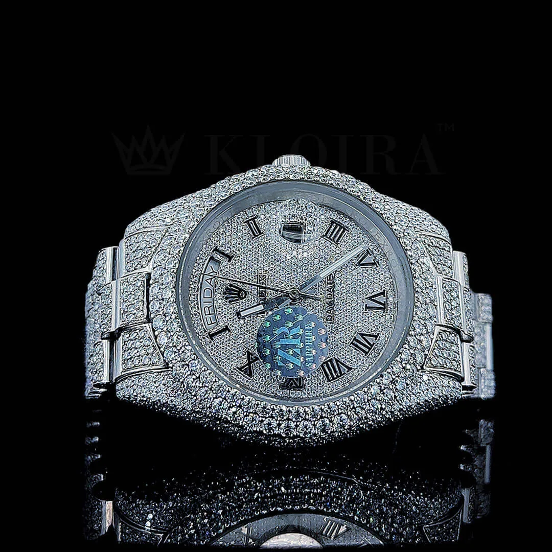 Roles Day-Date Moissanite Watch in Silver with Black Roman Numerals and Bright White Dial