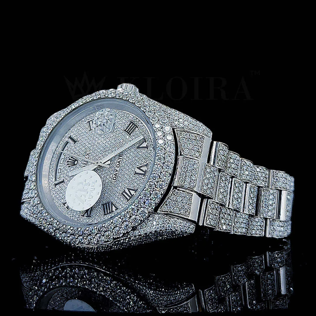 Roles Day Date Women Silver 33mm Diamond Studded Swiss Made Black Roman Numerals Watch