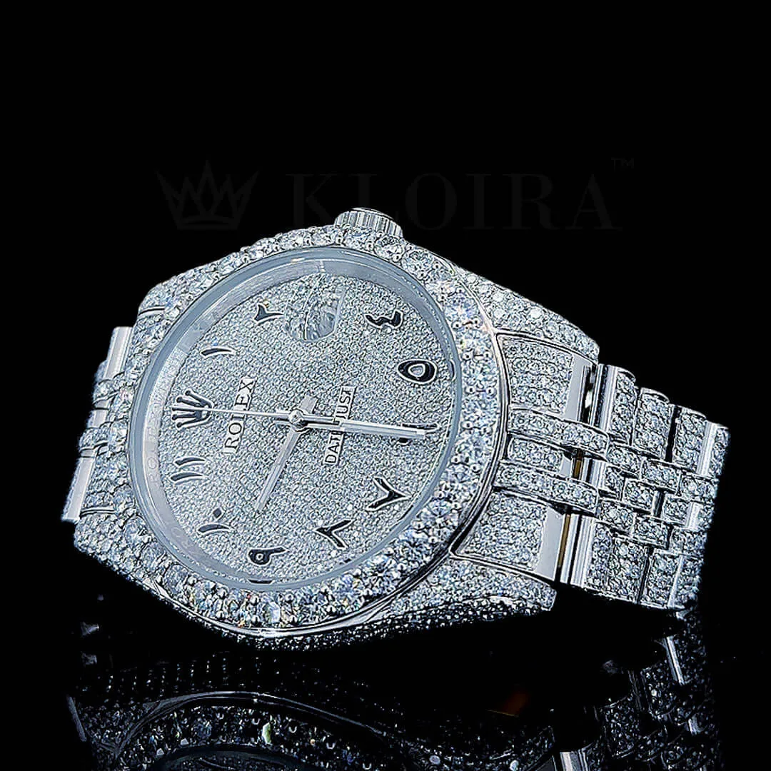 Roles Day-Date Moissanite Watch Silver 40mm with White Dial and Black Arabic Numerals