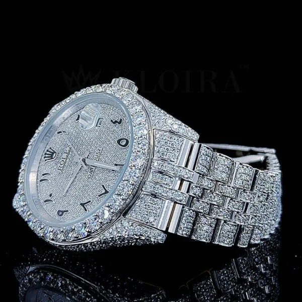 Roles Day Date Women Silver 36mm Diamond Studded Swiss Made Black Arabic Numerals Watch