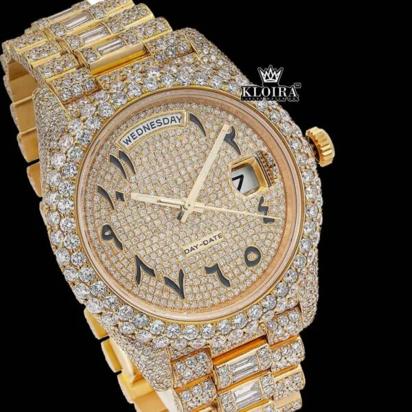 Roles Inspired Day Date Gold Arabic Dial Moissanite Diamond Watch 14K Gold 42mm Close Up Dial View