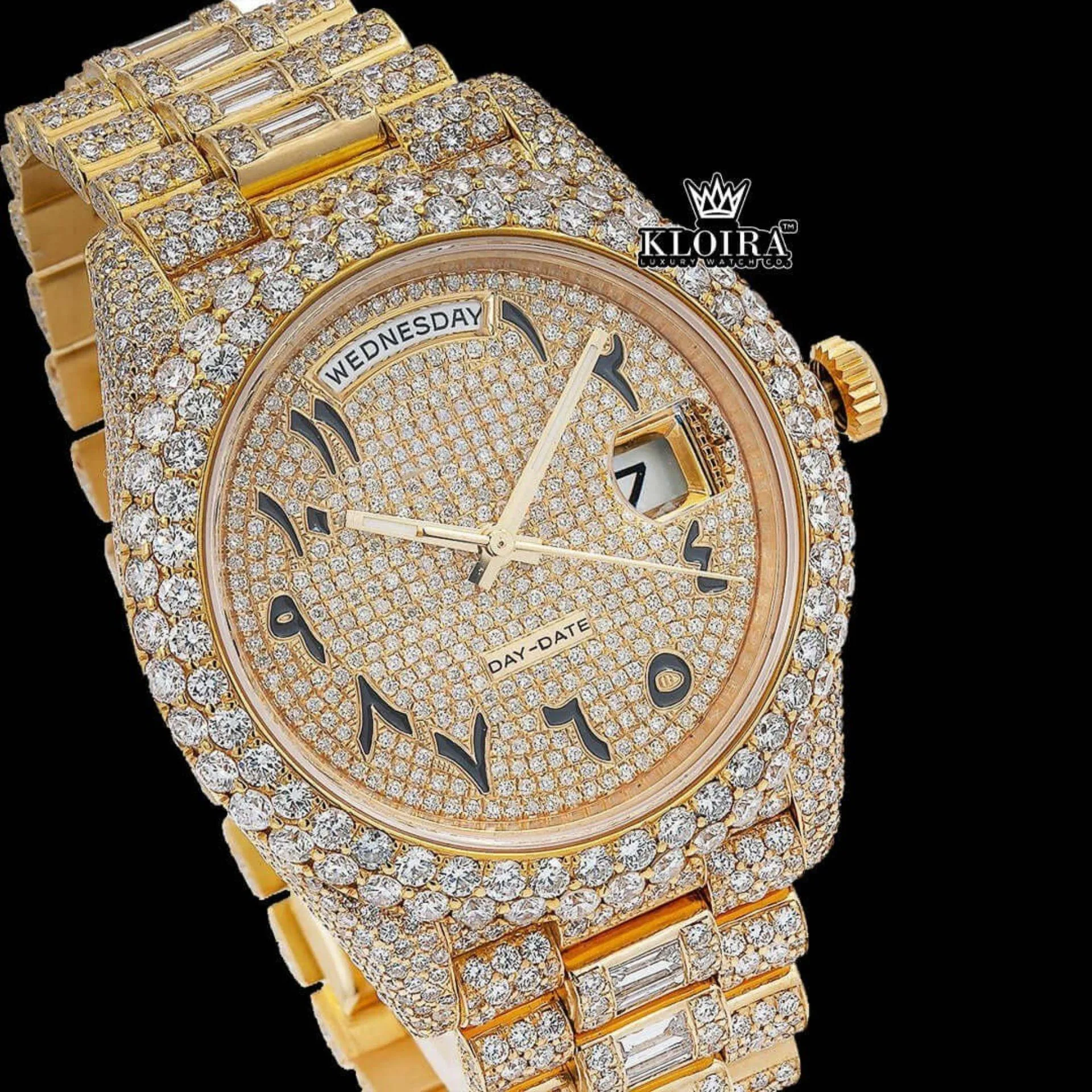 Roles Inspired Day Date Gold Arabic Dial Moissanite Diamond Watch 14K Gold 42mm Close Up Dial View