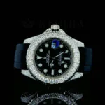 Roles Yacht-Master 42mm Moissanite Silver Rubber Strap Watch with bright black dial and sparkling gems