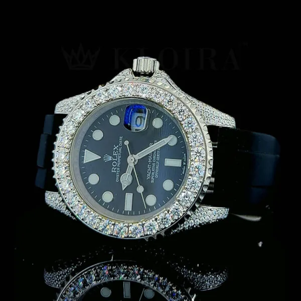 Roles Yacht-Master 42mm Silver Solid Diamond Studded Swiss Made Rubber Strap Watch
