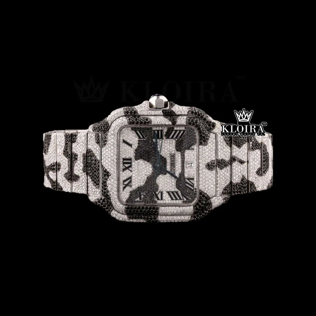 Cartior Roman Dial Black Camouflage Iced Out Moissanite Watch with White Dial and Gold Plating