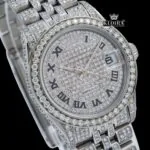 Roman Numeral Full Iced Out Silve Dial Moissanite Diamond Watch Close Up Dial View
