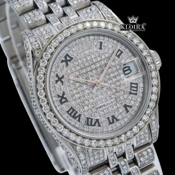 Roman Numeral Full Iced Out Silve Dial Moissanite Diamond Watch Close Up Dial View