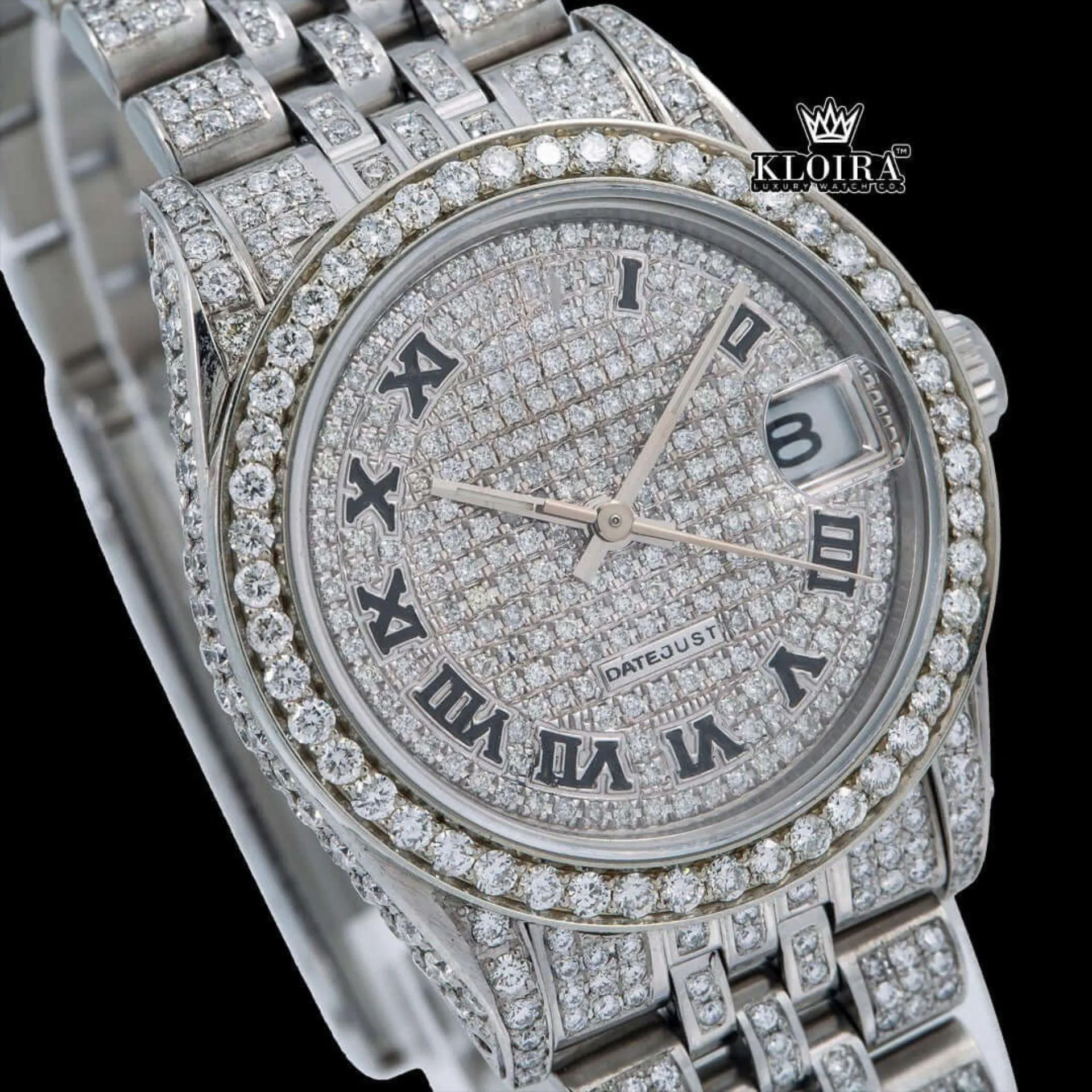 Roman Numeral Full Iced Out Silve Dial Moissanite Diamond Watch Close Up Dial View