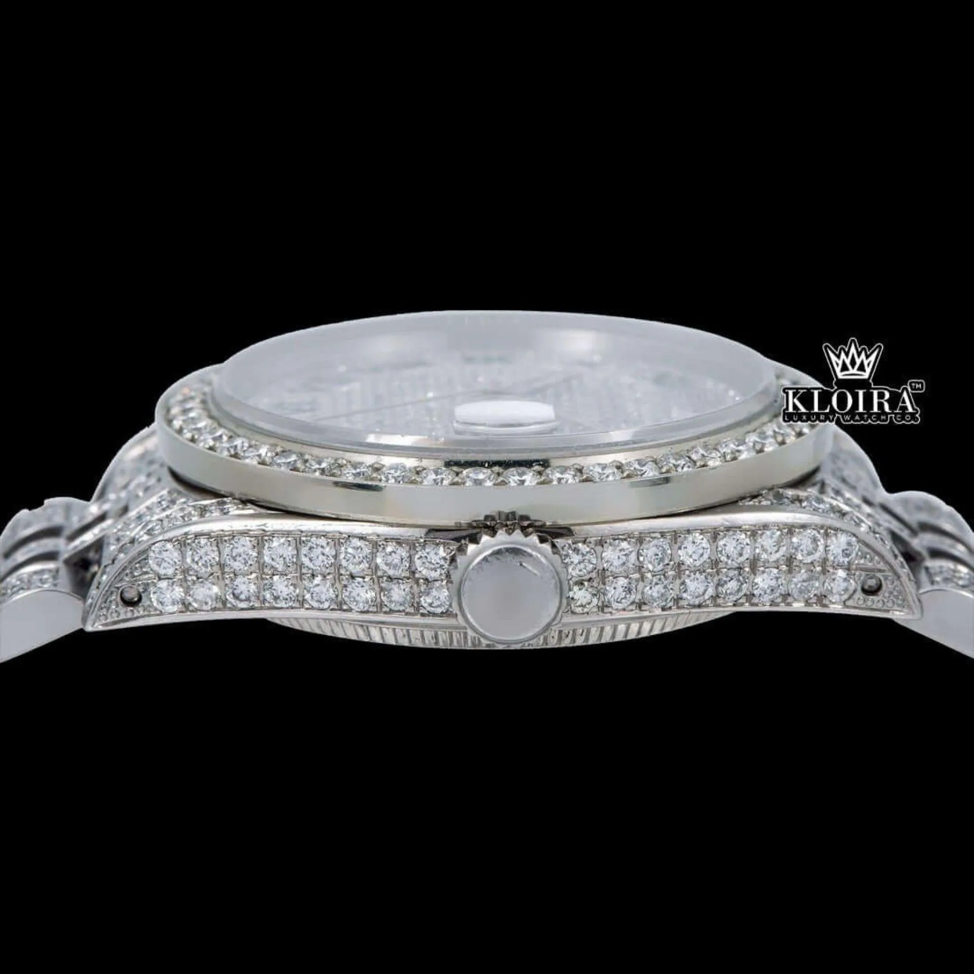 Roman Numeral Full Iced Out Silve Dial Moissanite Diamond Watch Crown View