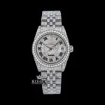 Roles Roman Numeral Full Iced Out Moissanite Watch with Silver Dial