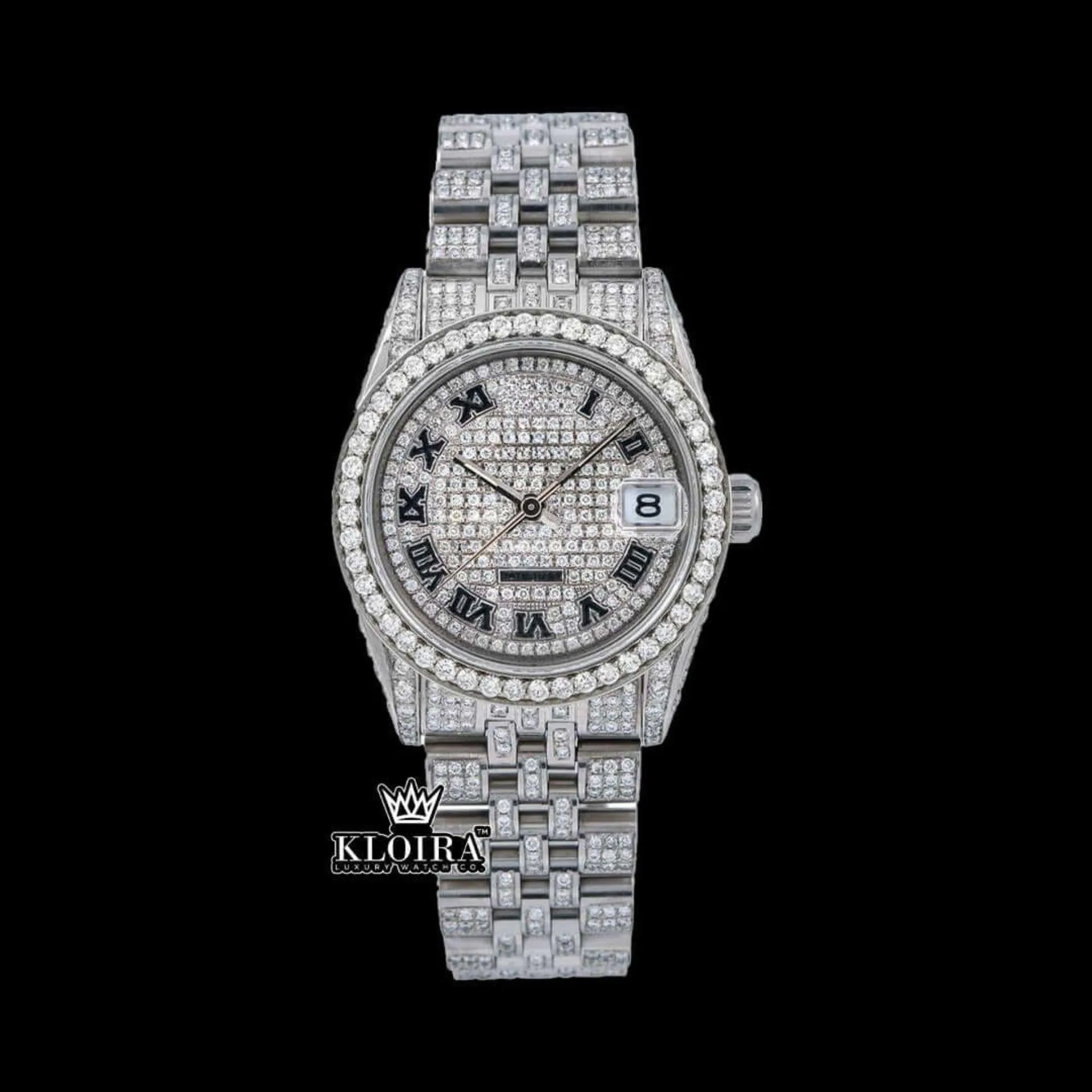 Roles Roman Numeral Full Iced Out Moissanite Watch with Silver Dial