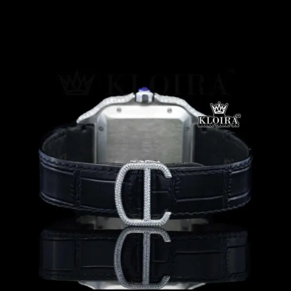 Roman Numerals Black Dial Black Leather Strap Moissanite Diamond Watch Caseback View
