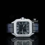 Cartior Santos Moissanite Diamond Watch with Black Dial and Leather Strap
