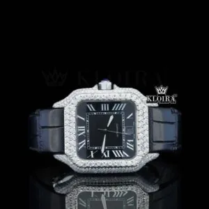 Roman Numerals Black Dial Black Leather Strap Moissanite Diamond Watch