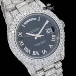 Roman Numerals Black Dial Day-Date Window Iced Out Moissanite Watch Close Up Dial View