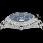 Roman Numerals Black Dial Day-Date Window Iced Out Moissanite Watch Crown View