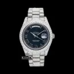 Roles Roman Numerals Black Dial Day-Date Window Iced Out Moissanite Watch with sparkling details