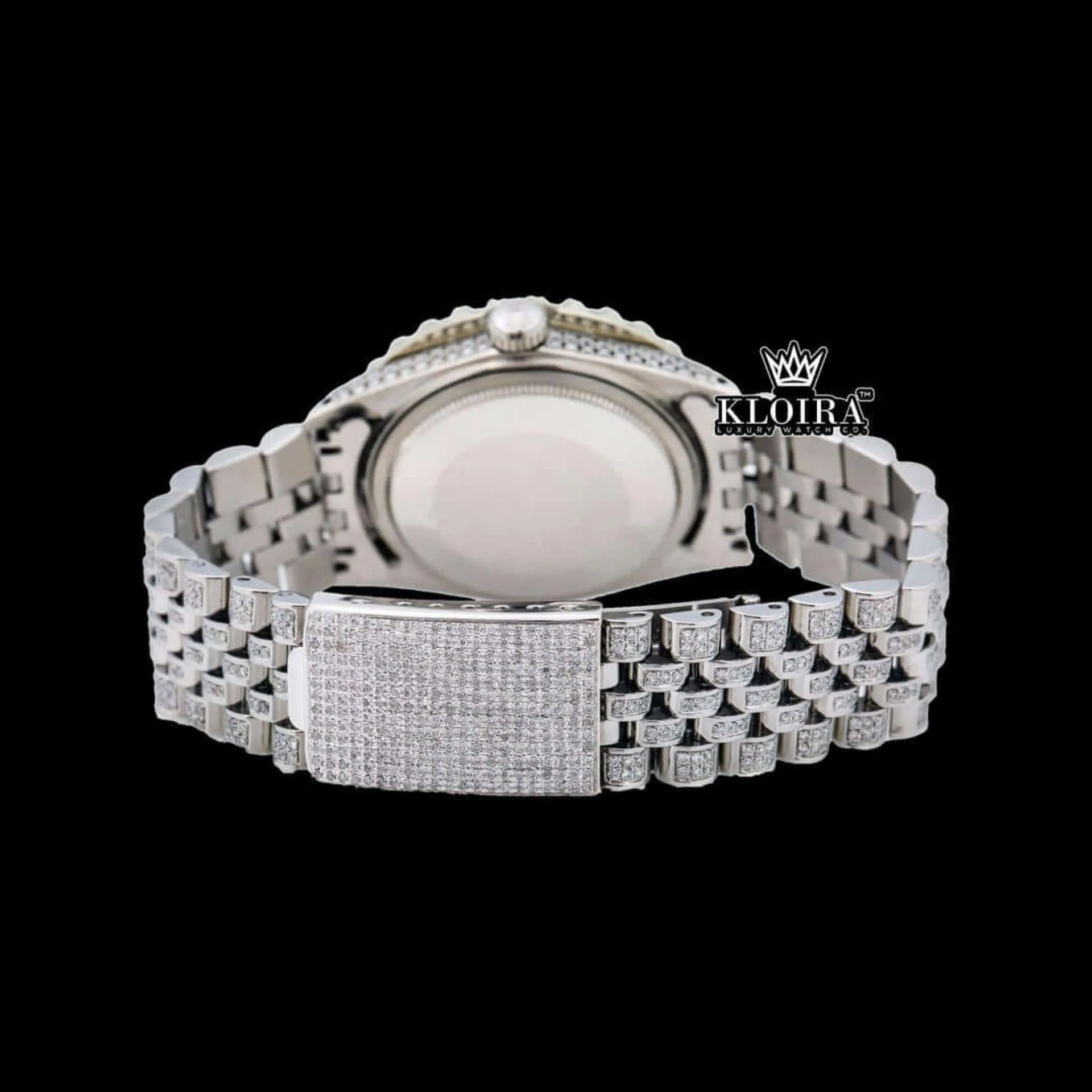 Roman Numerals Black Dial Diamond Link Strap Moissanite Watch Caseback View