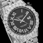 Roman Numerals Black Dial Diamond Link Strap Moissanite Watch Close Up Dial View