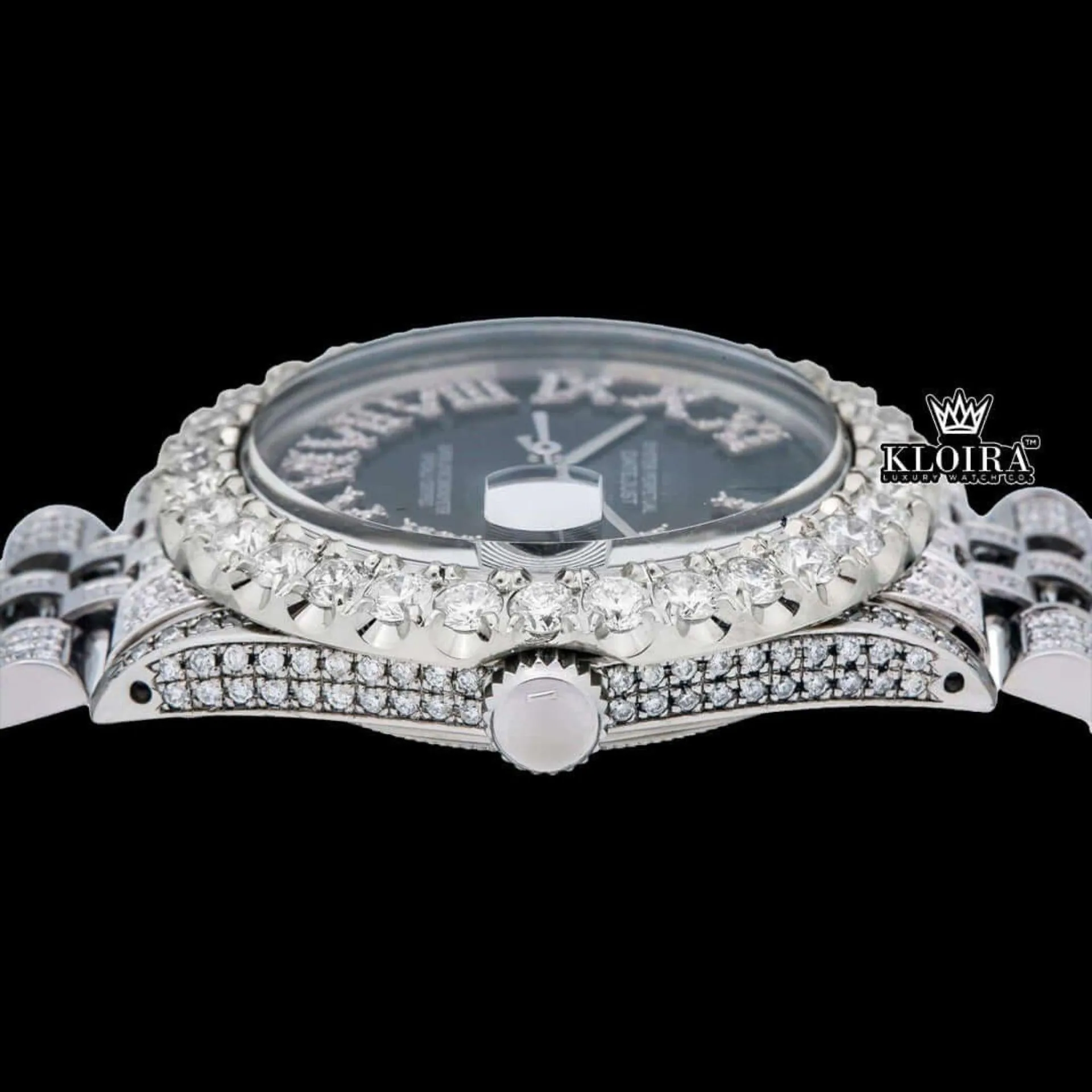 Roman Numerals Black Dial Diamond Link Strap Moissanite Watch Crown View