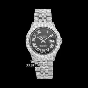 Roles Roman Numerals Black Dial Moissanite Watch