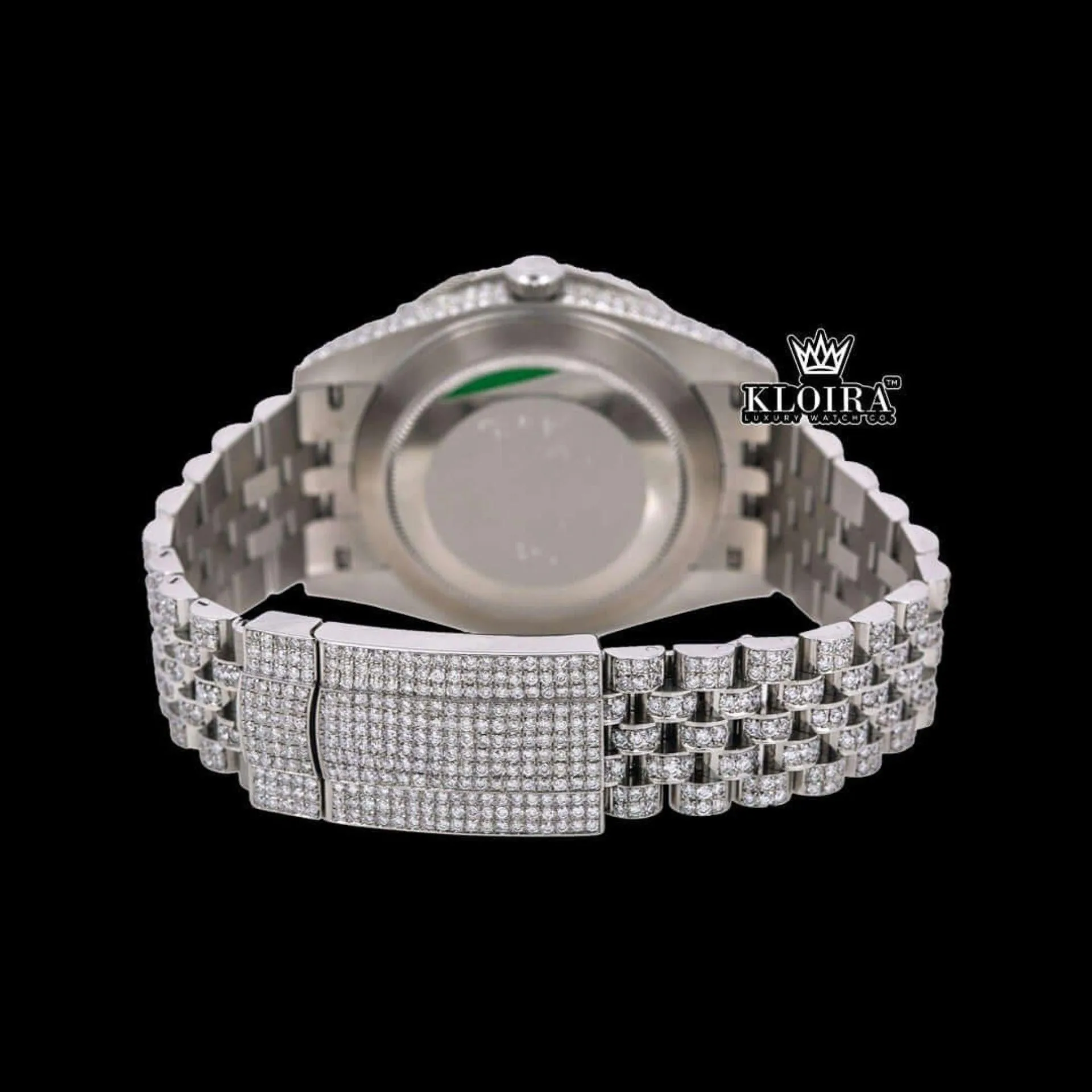 Roman Numerals Blue Dial Diamond Link Strap Fully Iced Out Moissanite Watch Caseback View